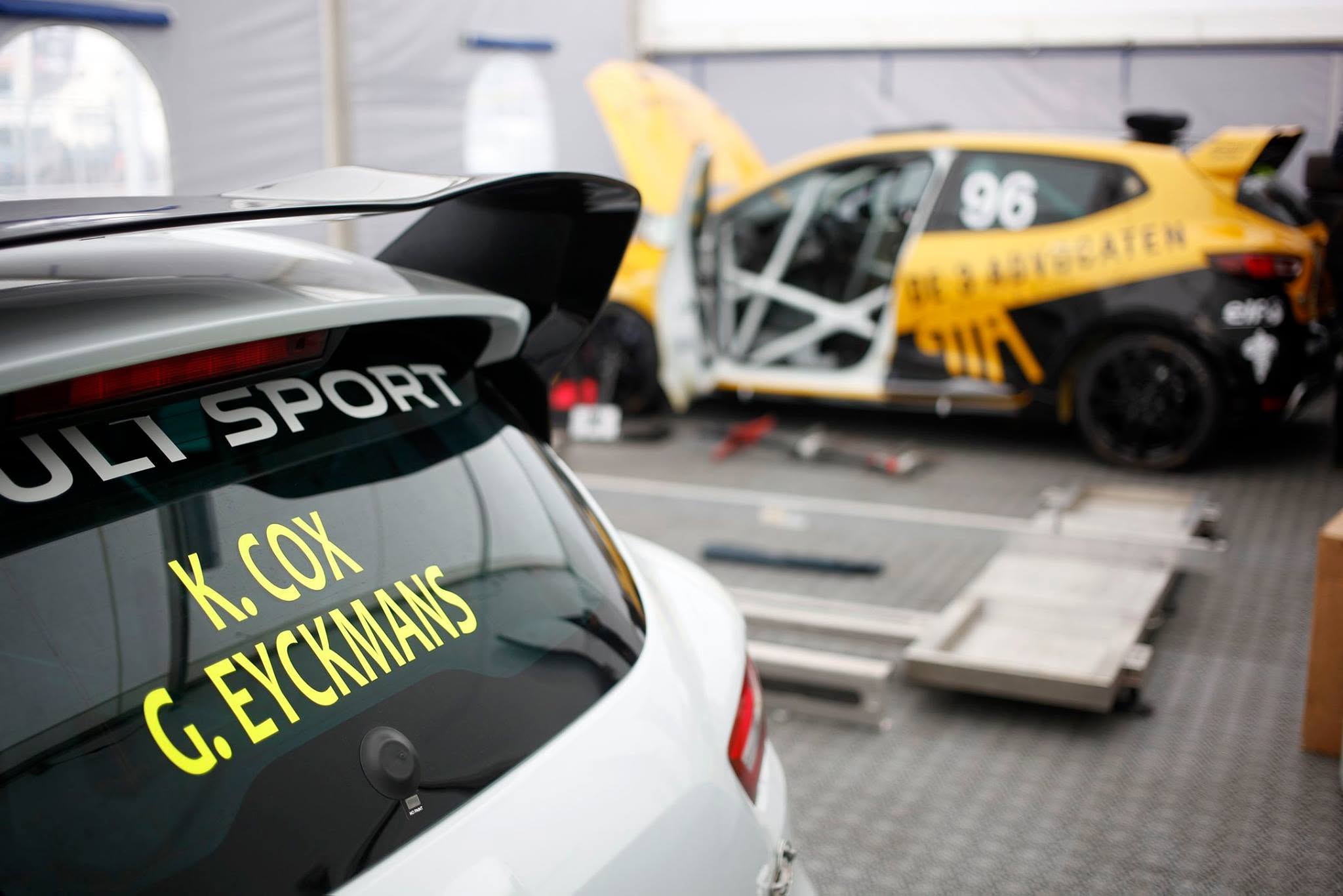 EJ Automotive Renault Clio Cup cars in the paddock, drivers K. Cox and G. Eyckmans